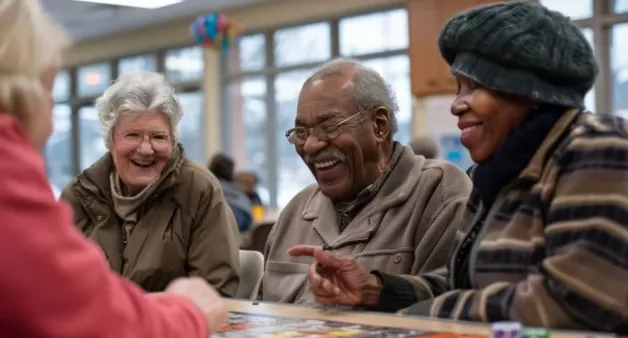 A group of older adults laughing together around a table