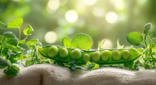 Fresh green peas in an open pod